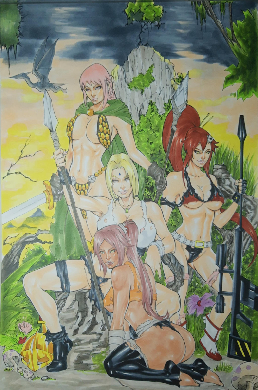 rebecca (one piece),shihouin yoruichi,tsunade,yoko littner